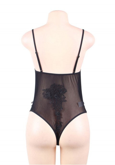 Cherry Sweetheart Black Floral Embroidered Sheer Mesh Teddy M XL