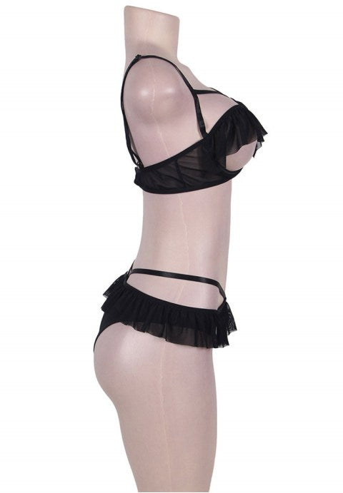 Cherry Sweetheart Open Cup Ruffle Black Bra And Panty Set