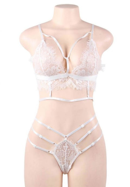 Cherry Sweetheart White Floral Embroidery Sheer Mesh Lingerie Set